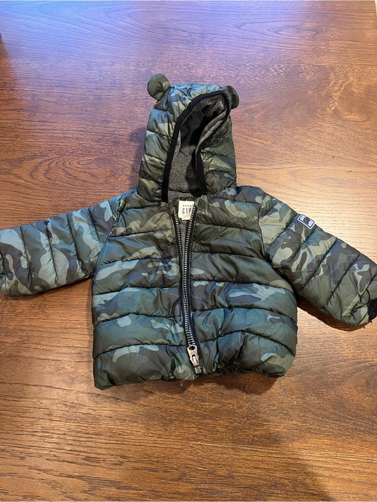 GAP Other - GAP Green Camouflage Toddler Puffer Jacket with Bear-Ear Hood size 6-9 months